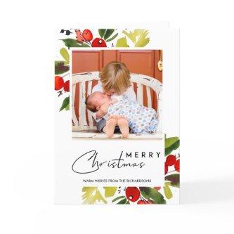GREEN RED BERRIES WATERCOLOR MERRY CHRISTMAS PHOTO CARD