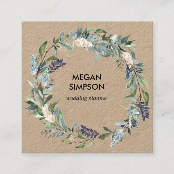 Greenery and Blue Floral Wreath Kraft Square