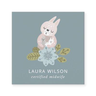 GREY BLUSH BLUE SCANDI FLORAL BEAR BABY MIDWIFE SQUARE