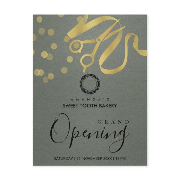 GREY GOLD RIBBON CUTTING GRAND OPENING INVITATION POSTCARD