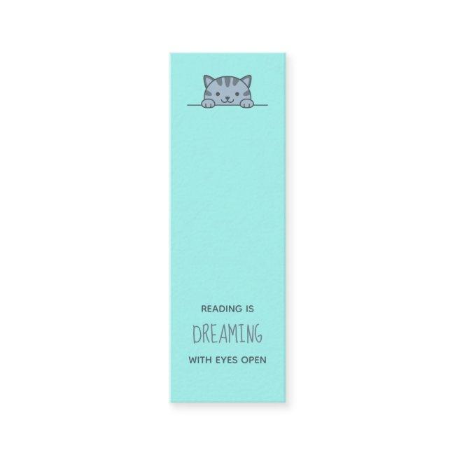 Grey Tabby Cat Peeking above Bookmark Green Mini