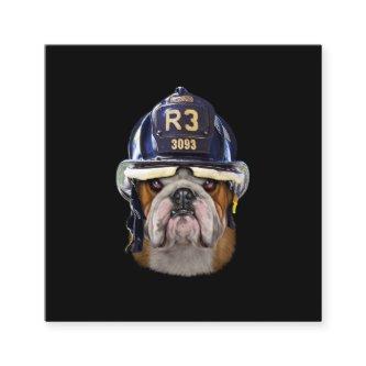 Grumpy English Bulldog Wearing Firefighter Helmet Square
