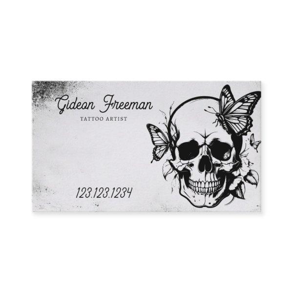 Grunge Black & Grey Skull with Butterflies Tattoo