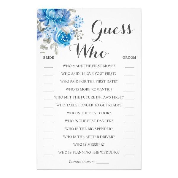 Guess Who Blue Flower Shower Game Card Flyer