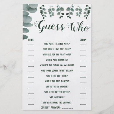 Guess Who Greenery Eucalyptus Shower Game Card Flyer
