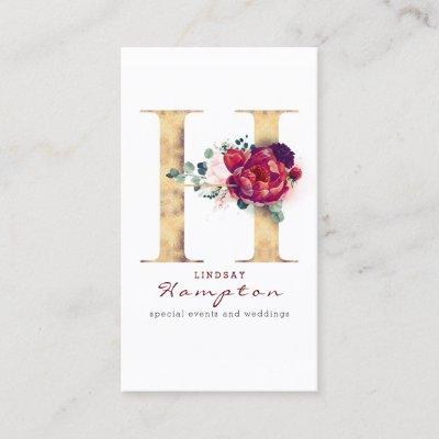 H Monogram Burgundy Red Flowers and Faux Gold