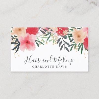 Hair makeup pink red green watercolor floral gold