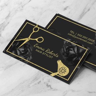 Hair Salon Gold Scissor & Dryer Black Floral
