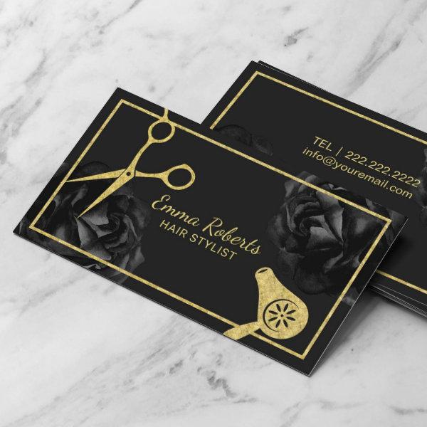 Hair Salon Gold Scissor & Dryer Black Floral