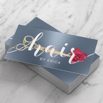 Hair Salon Scissor & Flower Typography Dusty Blue