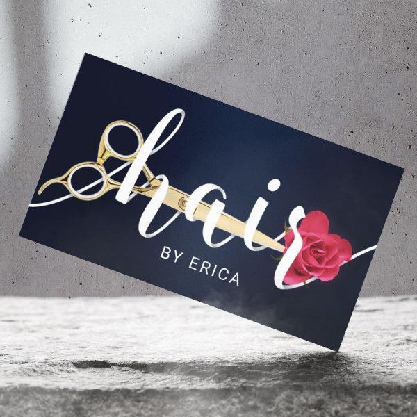 Hair Salon Scissor & Flower Typography Navy Blue