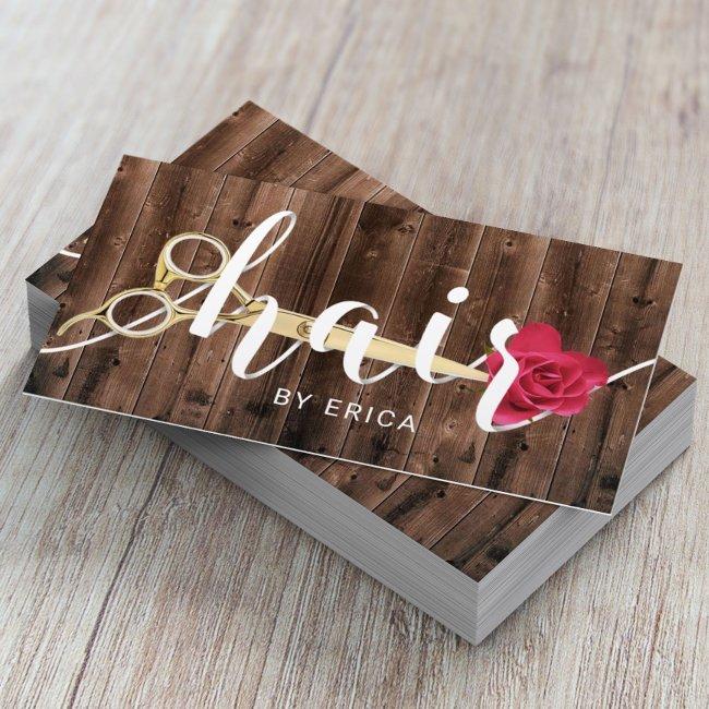 Hair Salon Scissor & Flower Typography Rustic Wood