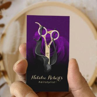 Hair Stylist Gold Scissor Purple Rose Flower Salon