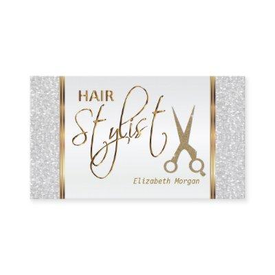 Hair Stylist in a White Glitter and Gold