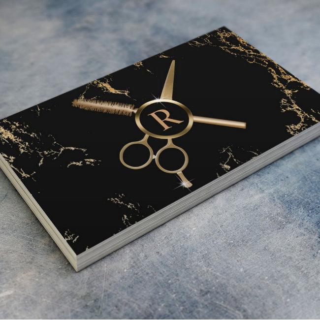 Hair Stylist Monogram Luxury Black & Gold Marble