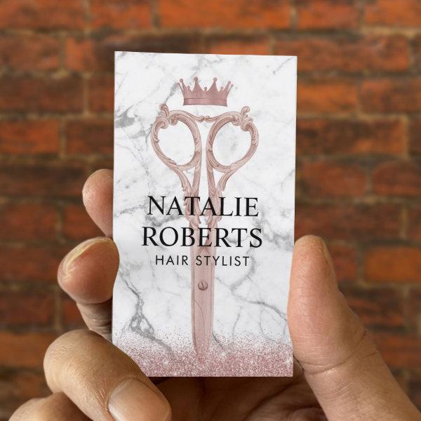 Hair Stylist Rose Gold Scissor & Crown Marble Appointment Card