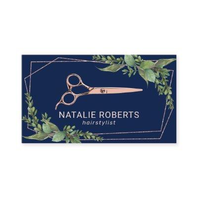 Hair Stylist Rose Gold Scissor Greenery Navy Blue