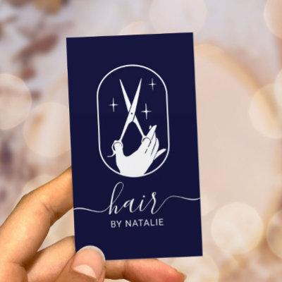 Hair Stylist Scissor & Hand Logo Navy Blue Salon