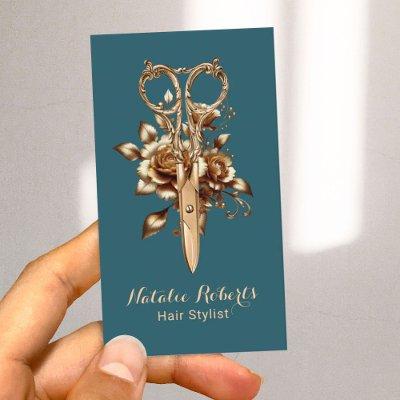 Hair Stylist Teal & Gold Scissor Flower Salon SPA