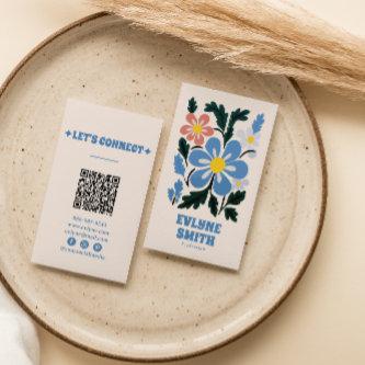 Hand Drawn Blue Retro Groovy QR Code Floral Trendy