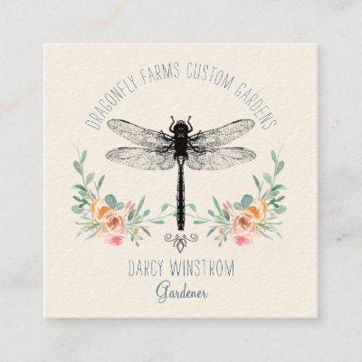 Hand Drawn Dragonfly Floral Gardener Square