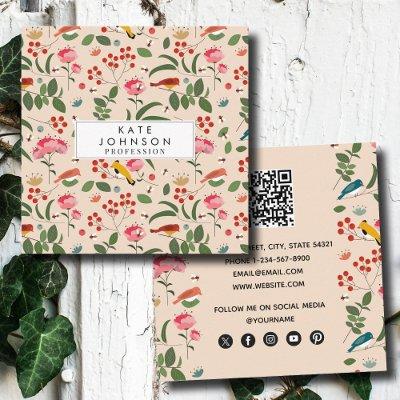 Hand Drawn Floral Birds Bees Pattern Square