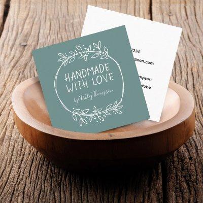 Hand Drawn Handmade With Love Teal Square