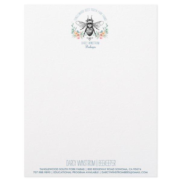 Hand Drawn Honey Bee Beekeeper Apiary Floral  Lett Letterhead