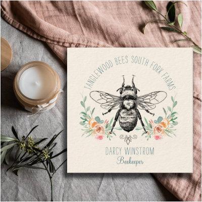 Hand Drawn Honey Bee Beekeeper Apiary Floral Square