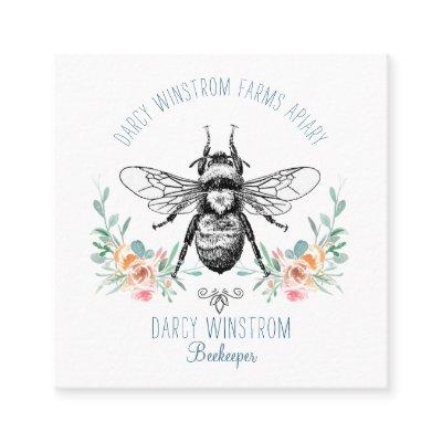 Hand Drawn Honey Bee Beekeeper Apiary Floral Square