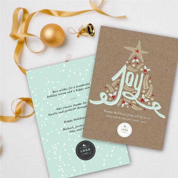 Hand Drawn Joy Calligraphy Rustic Foliage Business Holiday Card