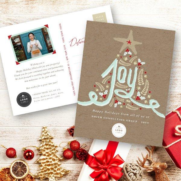 Hand Drawn Joy Calligraphy Rustic Foliage Business Holiday Postcard