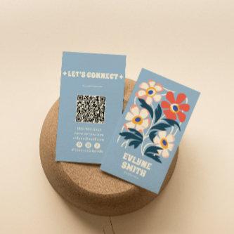 Hand Drawn Retro Blue QR Code Boho Floral Trendy