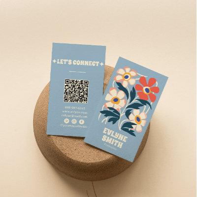 Hand Drawn Retro Blue QR Code Boho Floral Trendy