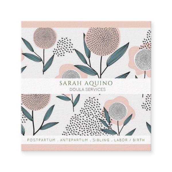 Hand Drawn Whimsical Florals Peach & Green Doula Square