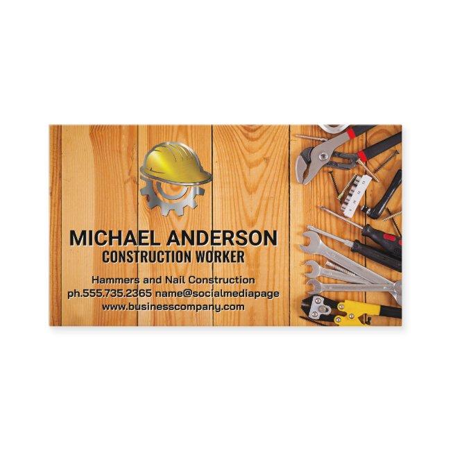 Hand Tools on Wooden Table | Construction Logo