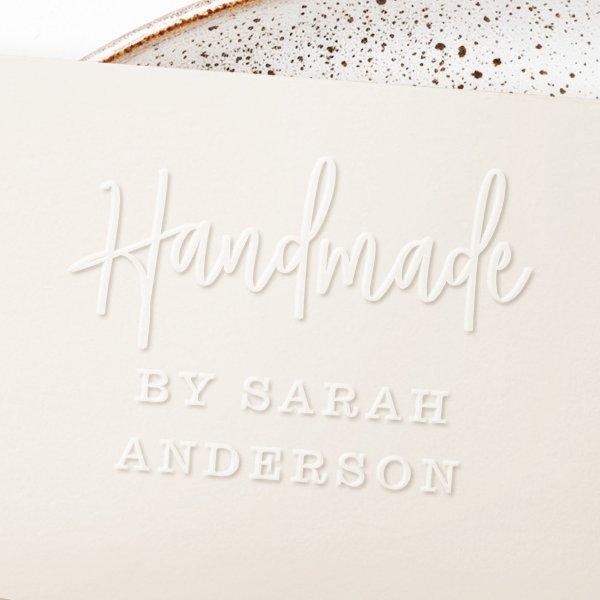 Handmade by custom name modern handwritten script embosser