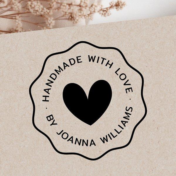 Handmade with love by custom name thin wavy border rubber stamp