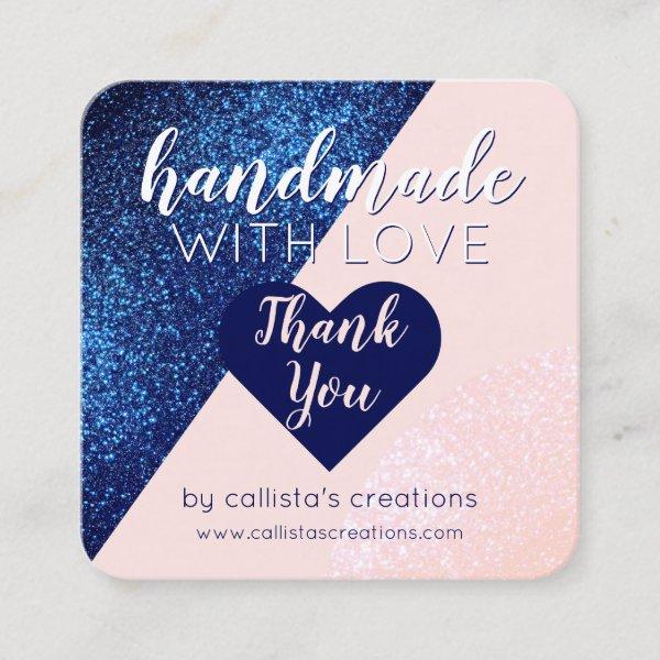 Handmade With Love Navy Blue Pink Glitter Heart Square