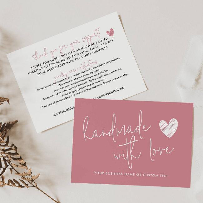 Handmade with Love Pink Thank You Jewelry Care Enclosure Card