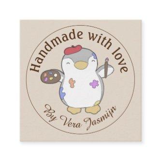 Handmade with love with name | cute artist penguin square