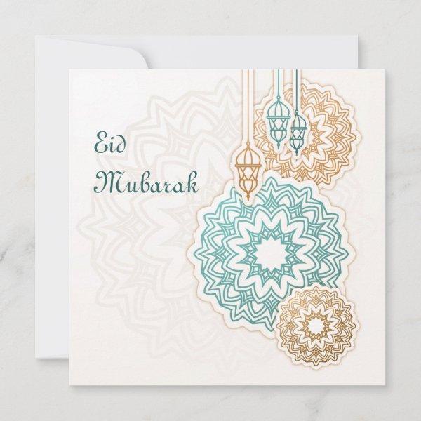 Happy finished mubarak with lanterns and decoratio holiday card