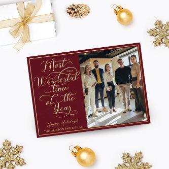 Happy Holidays Script Business Photo & Logo Red Foil Holiday Card