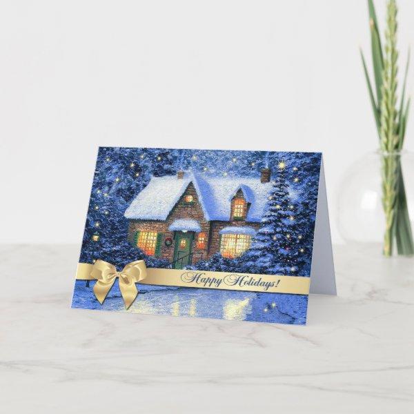 Happy Holidays. Snowy Village Painting Christmas  Holiday Card