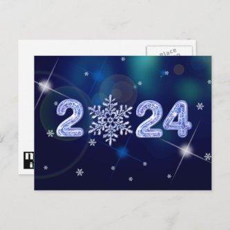 Happy New Year 2024. Snowflake and Ice Numbers Holiday Postcard