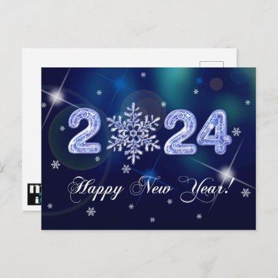 Happy New Year 2024. Snowflake and Ice Numbers Postcard