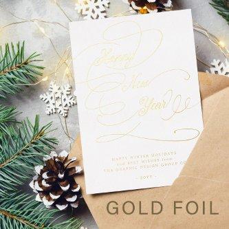 Happy New Year elegant script business corporate Foil Holiday Card