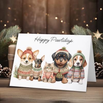 Happy Pawlidays Christmas Cute Dog Cat Pets Holiday Card