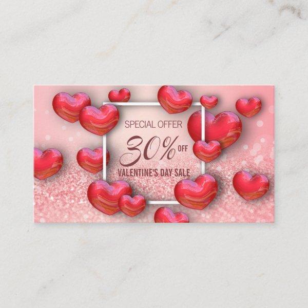 Happy Valentine's Day 3D Red Hearts Glitter Discount Card