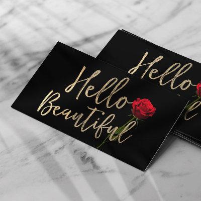 Hello Beautiful Gold Typography Red Rose Flower